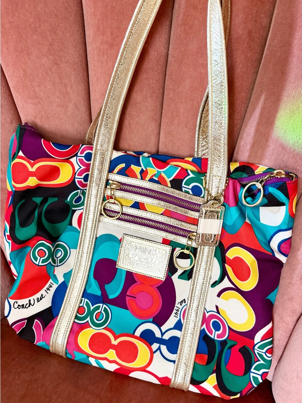Coach Poppy Glam Tote Op Art Signature Multi-Color Jacquard Shoulder Bag